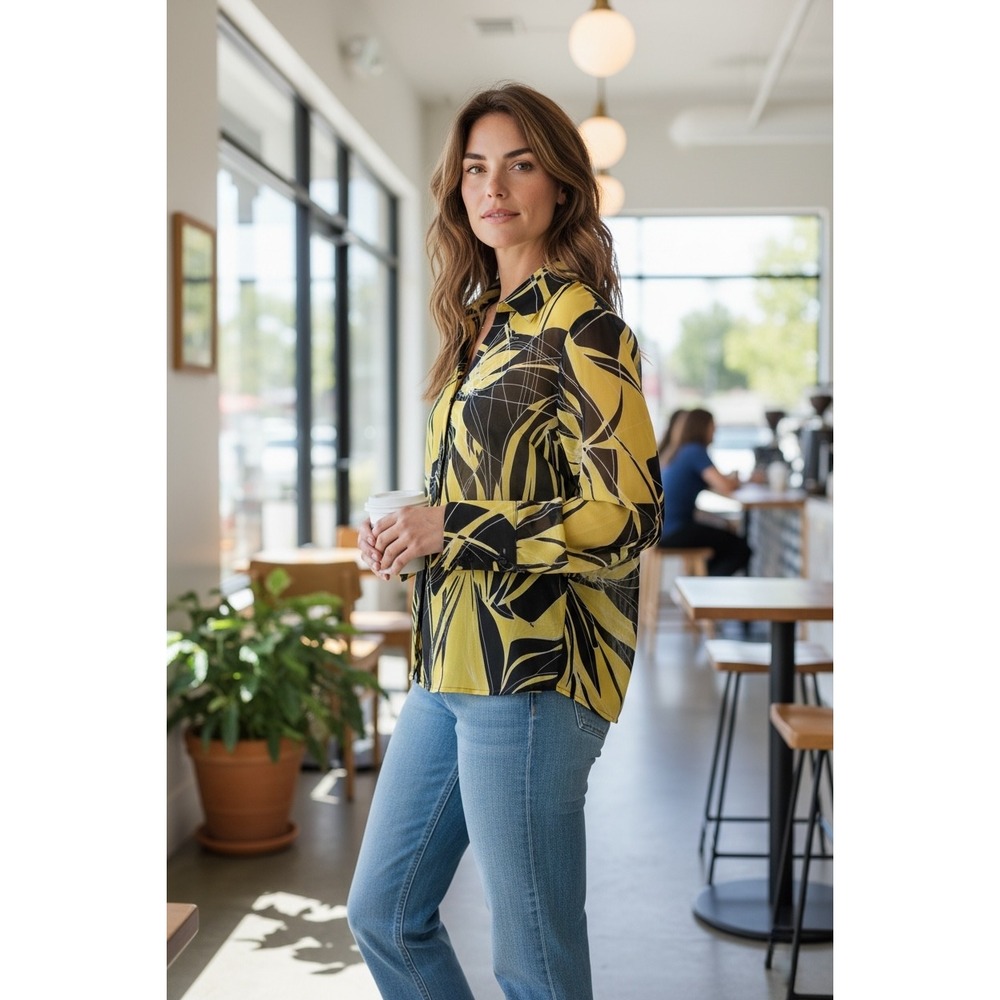 Proportion Petite Conrad Yellow Black Abstract Floral Sheer Button Up Top Size 2